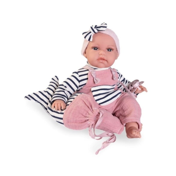 Lalka Hiszpańska 34 cm Antonio Juan 70332 Baby Toneta, bobas, miękki brzuszek, gaworzy, w ubranku, smoczek, torebka w kształcie rybki