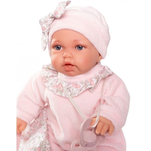 Lalka Hiszpańska 27 cm Antonio Juan 12443 Petit, bobas miękki brzuszek, bez włosów, namalowane rzęsy, w ubranku, smoczek, śpiworek