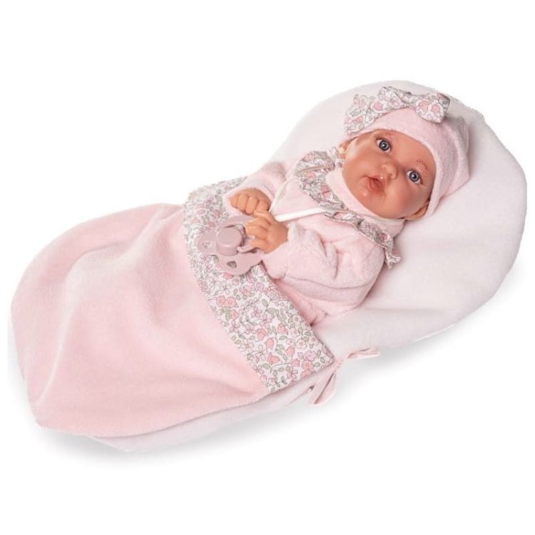 Lalka Hiszpańska 27 cm Antonio Juan 12443 Petit, bobas miękki brzuszek, bez włosów, namalowane rzęsy, w ubranku, smoczek, śpiworek