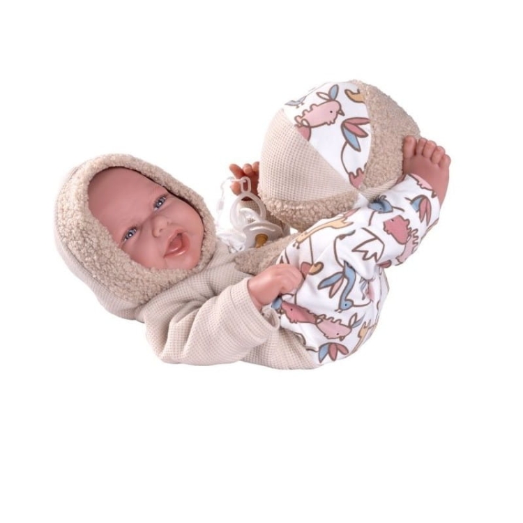 Lalka Hiszpańska 42 cm Antonio Juan 50404 Carla, bobas cały z winylu, chłopiec, bez włosów, rzęsy, w ubranku, smoczek, miękka piłka