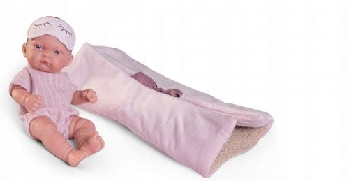 Lalka Hiszpańska 26 cm Antonio Juan 84097 Pitu, bobas cały z winylu, dziewczynka, bez włosów, w ubranku, kocyk przewijak z kieszonką na laleczkę