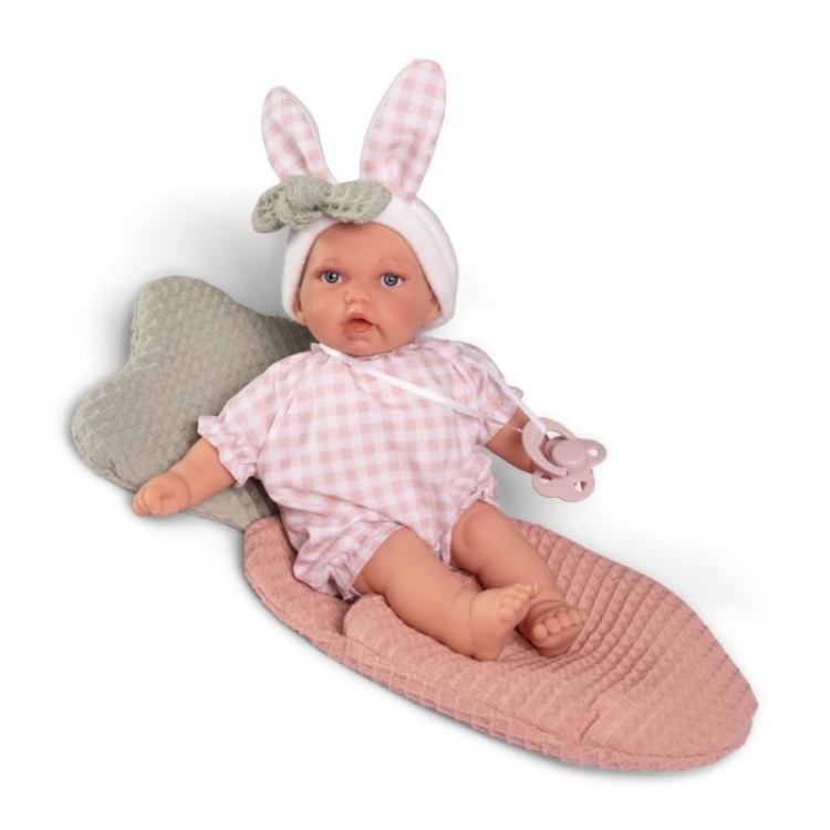 Lalka Hiszpańska 27 cm Antonio Juan 12442 Petit, bobas miękki brzuszek, bez włosów, namalowane rzęsy, w ubranku, smoczek, śpiworek w kształcie marchewki