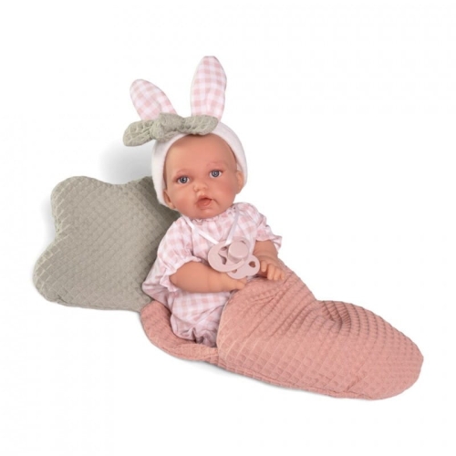 Lalka Hiszpańska 27 cm Antonio Juan 12442 Petit, bobas miękki brzuszek, bez włosów, namalowane rzęsy, w ubranku, smoczek, śpiworek w kształcie marchewki