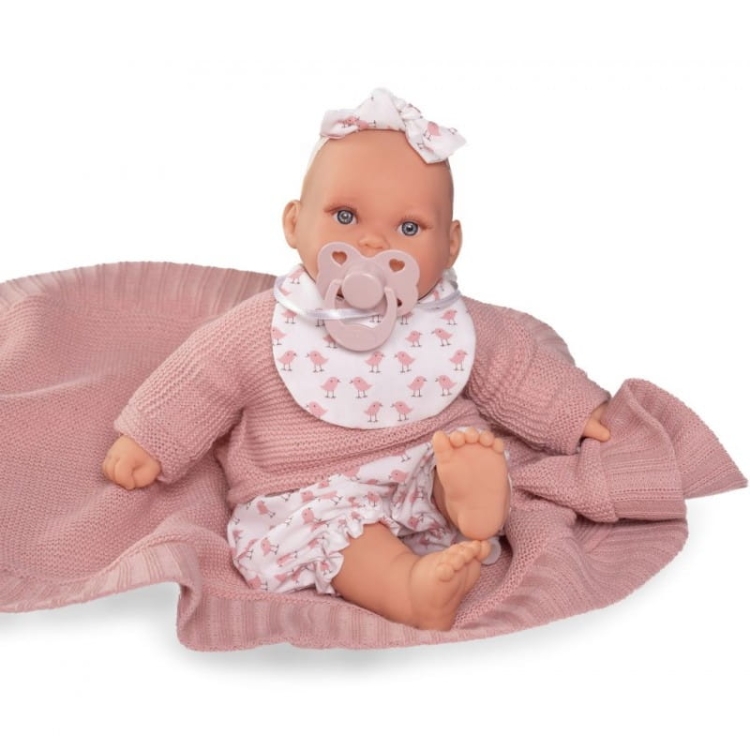 Lalka Hiszpańska 27 cm Antonio Juan 11325 Kika, bobas miękki brzuszek, płacze, mówi mama papa, bez włosów, w ubranku, magnetyczny smoczek, kocyk