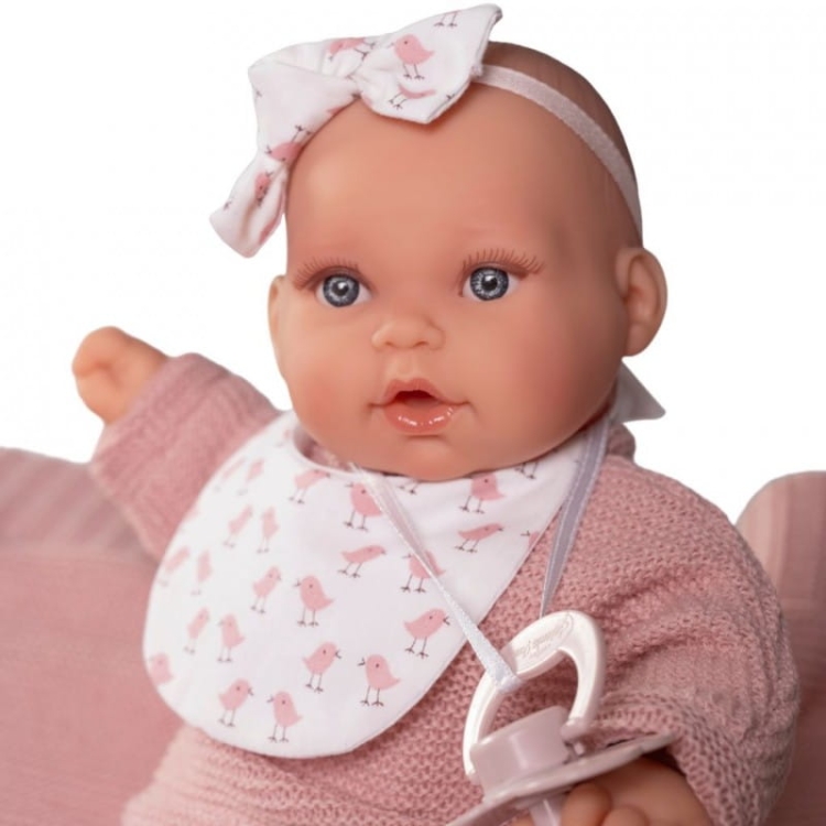 Lalka Hiszpańska 27 cm Antonio Juan 11325 Kika, bobas miękki brzuszek, płacze, mówi mama papa, bez włosów, w ubranku, magnetyczny smoczek, kocyk