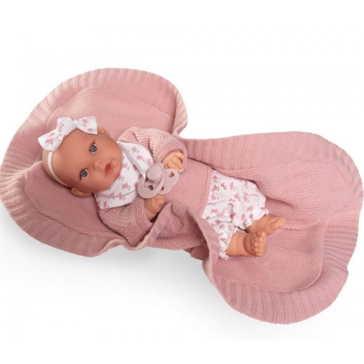 Lalka Hiszpańska 27 cm Antonio Juan 11325 Kika, bobas miękki brzuszek, płacze, mówi mama papa, bez włosów, w ubranku, magnetyczny smoczek, kocyk