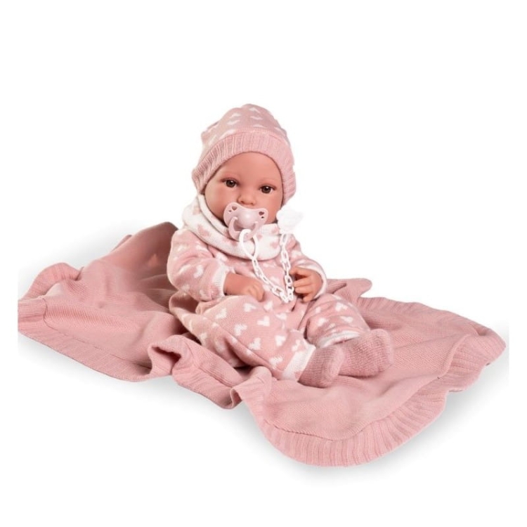 Lalka Hiszpańska 42 cm Antonio Juan 50418 Erika, bobas cały z winylu, dziewczynka, bez włosów, rzęsy, w ubranku, smoczek, kocyk