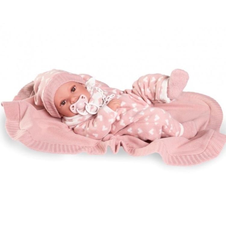 Lalka Hiszpańska 42 cm Antonio Juan 50418 Erika, bobas cały z winylu, dziewczynka, bez włosów, rzęsy, w ubranku, smoczek, kocyk