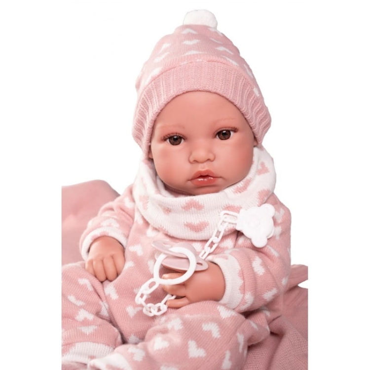 Lalka Hiszpańska 42 cm Antonio Juan 50418 Erika, bobas cały z winylu, dziewczynka, bez włosów, rzęsy, w ubranku, smoczek, kocyk