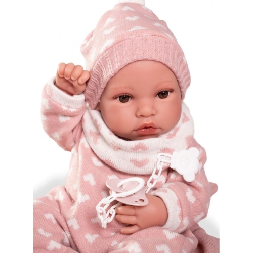Lalka Hiszpańska 42 cm Antonio Juan 50418 Erika, bobas cały z winylu, dziewczynka, bez włosów, rzęsy, w ubranku, smoczek, kocyk