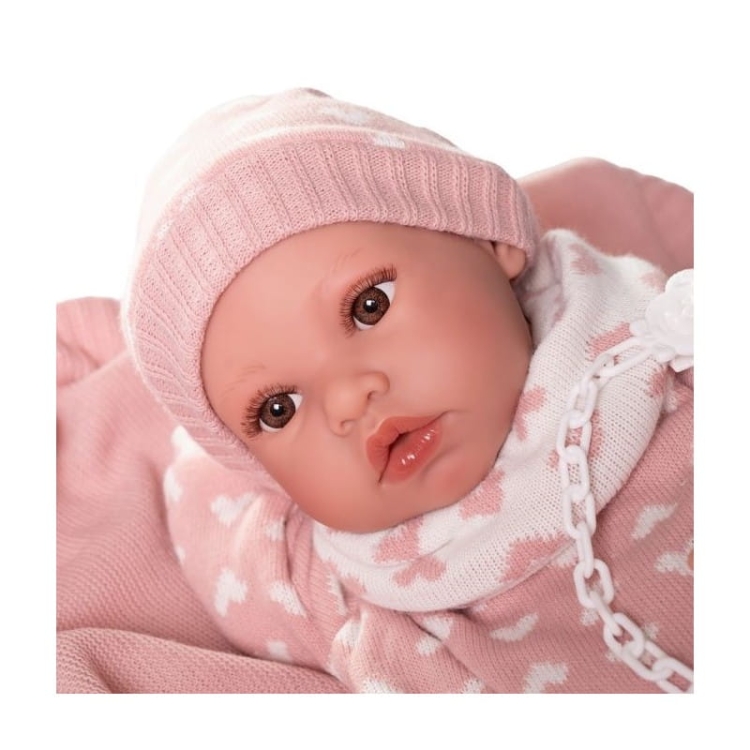 Lalka Hiszpańska 42 cm Antonio Juan 50418 Erika, bobas cały z winylu, dziewczynka, bez włosów, rzęsy, w ubranku, smoczek, kocyk