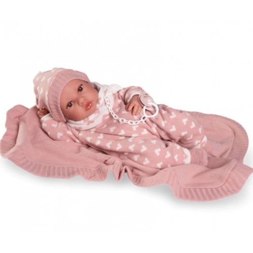 Lalka Hiszpańska 42 cm Antonio Juan 50418 Erika, bobas cały z winylu, dziewczynka, bez włosów, rzęsy, w ubranku, smoczek, kocyk