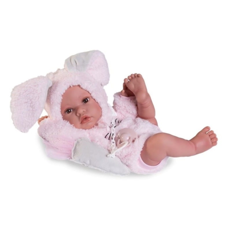 Lalka Hiszpańska 42 cm Antonio Juan 50419 Erika, bobas cały z winylu, dziewczynka, bez włosów, rzęsy, w ubranku, smoczek, zabawka pluszowa marchewka