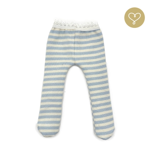 Rajstopy 5 dla lalki 38 cm Lullu Dolls uszyte z prążkowanej dzianiny, białe w jasnoniebieskie paseczki, wykończone gumokoronką