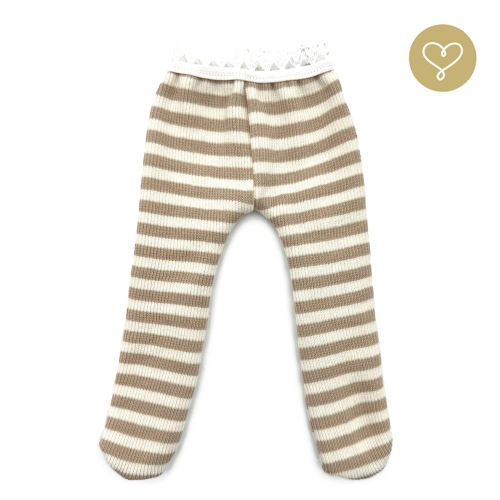 Rajstopy 7 dla lalki 38 cm Lullu Dolls uszyte z prążkowanej dzianiny, białe w jasnobeżowe paseczki, wykończone gumokoronką