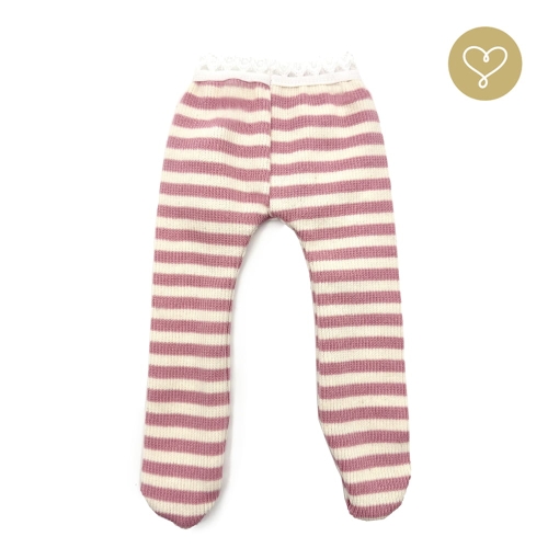 Rajstopy 8 dla lalki 38 cm Lullu Dolls uszyte z prążkowanej dzianiny, białe w jasnoróżowe paseczki, wykończone gumokoronką