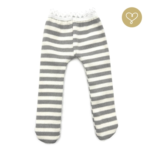 Rajstopy 9 dla lalki 38 cm Lullu Dolls uszyte z prążkowanej dzianiny, białe w jasnoszare paseczki, wykończone gumokoronką