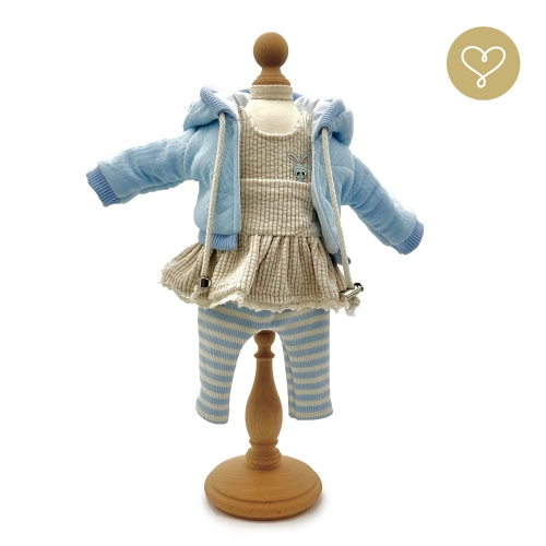 Strój Blue dla lalki 38 cm Lullu Dolls jasnoniebieska pikowana kurteczka z kapturem, beżowa sztruksowa sukienka z aplikacją króliczka, legginsy w biało-niebieskie paski