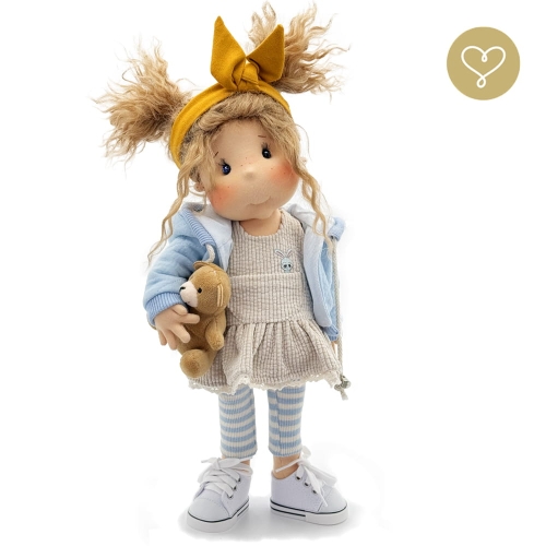 Strój Blue dla lalki 38 cm Lullu Dolls jasnoniebieska pikowana kurteczka z kapturem, beżowa sztruksowa sukienka z aplikacją króliczka, legginsy w biało-niebieskie paski