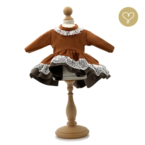 Sukienka Lisa dla lalki 38 cm Lullu Dolls welurowa w kolorze rudym z falbanką welurową w kolorze gorzkiej czekolady z elementami kremowej koronki