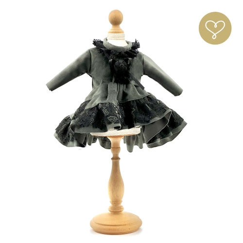 Sukienka Raven dla lalki 38 cm Lullu Dolls welurowa ciemno szara z falbankami i żabotem z  czarnej koronki
