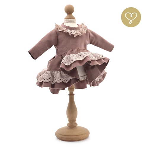 Sukienka Tereska dla lalki 38 cm Lullu Dolls welurowa w kolorze ciemnego różu wykończona koronką w kolorze różowym