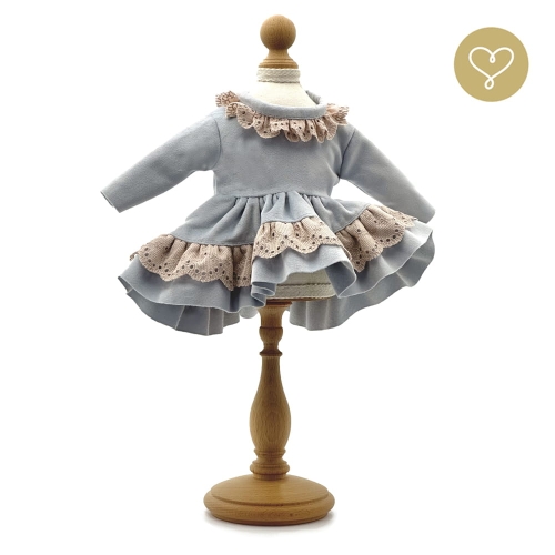 Sukienka Wandzia dla lalki 38 cm Lullu Dolls welurowa w kolorze jasnego błękitu, wykończona różową koronką