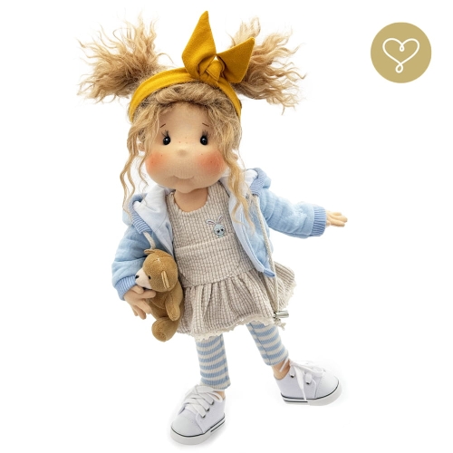 Sukienka sztruksowa dla lalki 38 cm Lullu Dolls jasnobeżowa, z kieszonką i aplikacją turkusowego króliczka, na dole wykończona bawełniana koronką