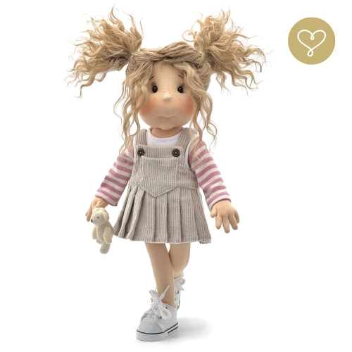 Sukienka sztruksowa 2 dla lalki 38 cm Lullu Dolls jasnobeżowa na ramiączkach, z przodu kieszonka