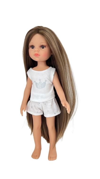 Lalka Hiszpańska 32 cm Paola Reina Amigas 13234 Laura w piżamce, długie do kostek proste brązowe włosy, brązowe oczy