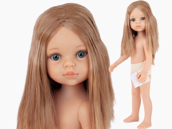 Lalka Hiszpańska 32 cm Paola Reina Amigas 14506 Carla, klasyczna, cała z winylu, w majteczkach, bez ubranka, proste blond włosy do pasa, niebieskie oczy
