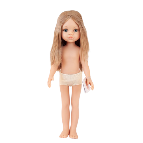 Lalka Hiszpańska 32 cm Paola Reina Amigas 14506 Carla, klasyczna, cała z winylu, w majteczkach, bez ubranka, proste blond włosy do pasa, niebieskie oczy