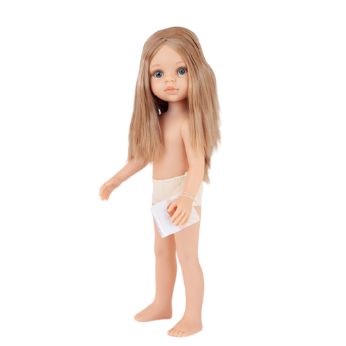Lalka Hiszpańska 32 cm Paola Reina Amigas 14506 Carla, klasyczna, cała z winylu, w majteczkach, bez ubranka, proste blond włosy do pasa, niebieskie oczy
