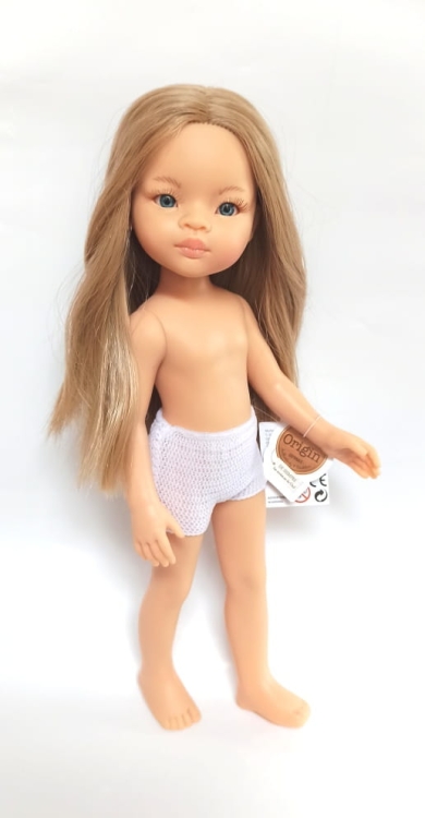Lalka Hiszpańska 32 cm Paola Reina Amigas 14763 Liu, klasyczna, cała z winylu, w majteczkach, bez ubranka, proste blond włosy do pasa, niebieskie oczy