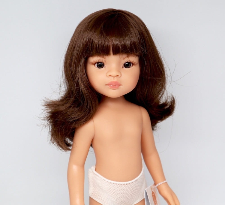 Lalka Hiszpańska 32 cm Paola Reina Amigas 14767 Mali, klasyczna, cała z winylu, w majteczkach, bez ubranka, brązowe włosy z grzywką, długość do pasa, brązowe oczy