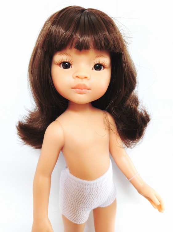 Lalka Hiszpańska 32 cm Paola Reina Amigas 14767 Mali, klasyczna, cała z winylu, w majteczkach, bez ubranka, brązowe włosy z grzywką, długość do pasa, brązowe oczy