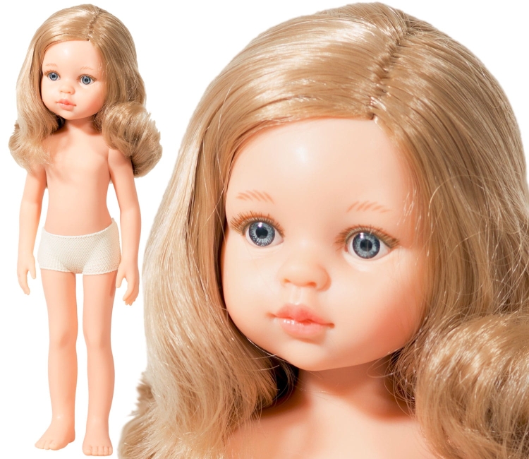Lalka Hiszpańska 32 cm Paola Reina Amigas 14802 Carla, klasyczna, cała z winylu, w majteczkach, bez ubranka, blond włosy, szaro-niebieskie oczy