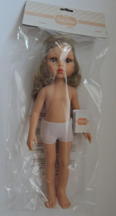 Lalka Hiszpańska 32 cm Paola Reina Amigas 14802 Carla, klasyczna, cała z winylu, w majteczkach, bez ubranka, blond włosy, szaro-niebieskie oczy