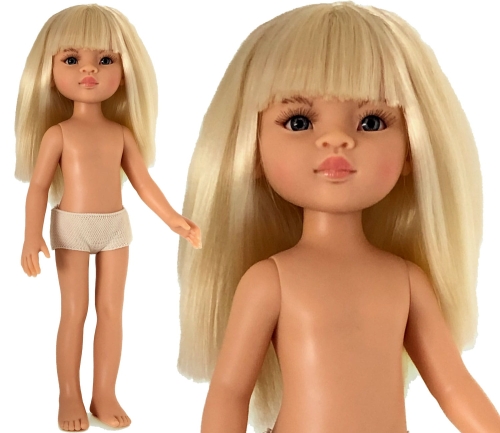 Lalka Hiszpańska 32 cm Paola Reina Amigas 14833 Manica, klasyczna, cała z winylu, w majteczkach, bez ubranka, proste jasnoblond włosy z grzywką, szaro-niebieskie oczy