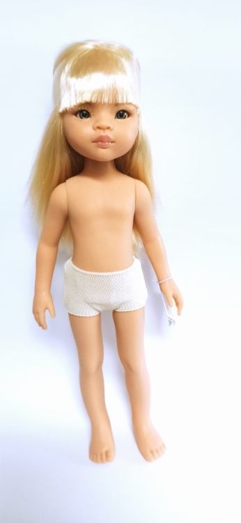 Lalka Hiszpańska 32 cm Paola Reina Amigas 14833 Manica, klasyczna, cała z winylu, w majteczkach, bez ubranka, proste jasnoblond włosy z grzywką, szaro-niebieskie oczy