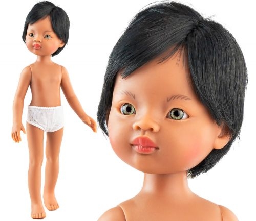 Lalka Hiszpańska 32 cm Paola Reina Amigas 14835 Balbino, klasyczna, cała z winylu, w majteczkach, bez ubranka, czarne krótkie włosy z grzywką zaczesaną na bok, zielone oczy, śniada skóra
