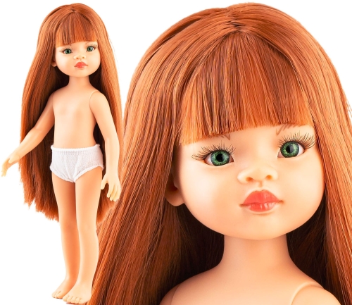 Lalka Hiszpańska 32 cm Paola Reina Amigas 14836 Lumita, klasyczna, cała z winylu, w majteczkach, bez ubranka, długie do kolan proste rude włosy z grzywką, zielone oczy