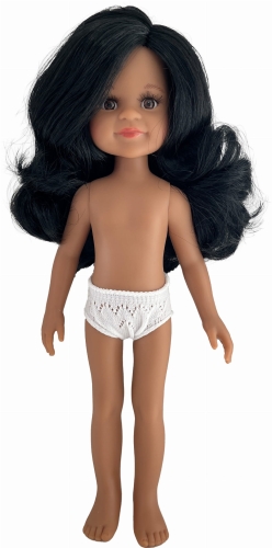Lalka Hiszpańska 32 cm Paola Reina Amigas 14837 Cleo, kasyczna, cała z winylu, w majteczkach, bez ubranka, czarne włosy do pasa, brązowe oczy, śniada skóra
