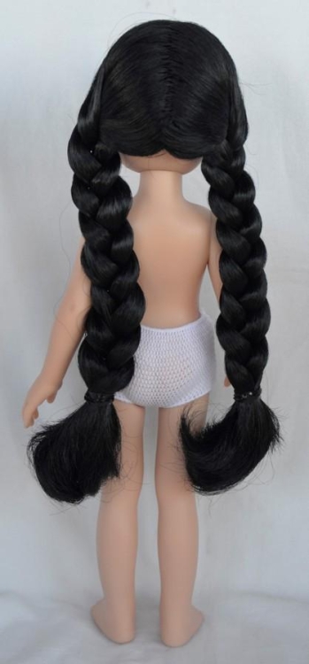 Lalka Hiszpańska 32 cm Paola Reina Amigas 14834 Carina, klasyczna, cała z winylu, w majteczkach, bez ubranka, brązowe oczy, długie czarne włosy z grzywką splecione w dwa warkocze