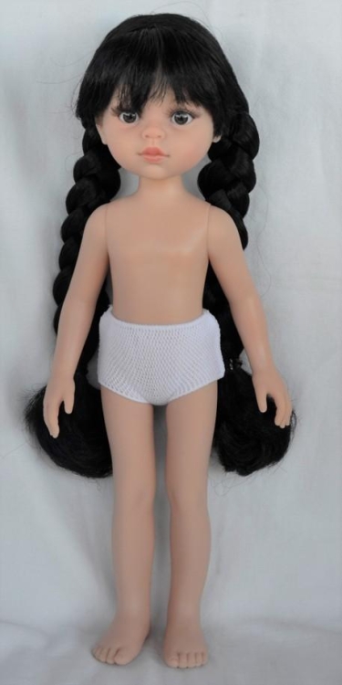 Lalka Hiszpańska 32 cm Paola Reina Amigas 14834 Carina, klasyczna, cała z winylu, w majteczkach, bez ubranka, brązowe oczy, długie czarne włosy z grzywką splecione w dwa warkocze