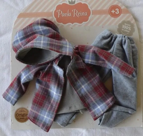 Oryginalne ubranko Paola Reina dla lalki 32 cm Amigas 54866, szara koszulka, bluza z kapturem w kratę, spodnie