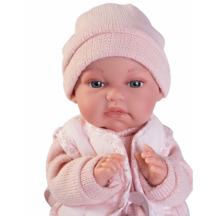 Lalka Hiszpańska 34 cm Antonio Juan 70364 Baby Toneta, bobas, elastyczny tułów, miękki brzuszek, w ciele stelaż, który pozwala na zmianę pozycji, w ubranku, smoczek, poduszka