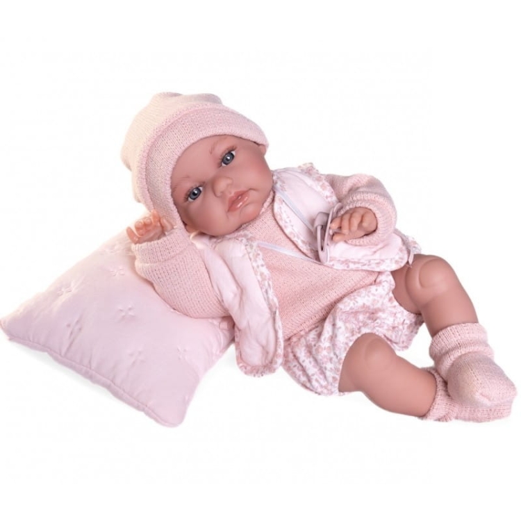 Lalka Hiszpańska 34 cm Antonio Juan 70364 Baby Toneta, bobas, elastyczny tułów, miękki brzuszek, w ciele stelaż, który pozwala na zmianę pozycji, w ubranku, smoczek, poduszka