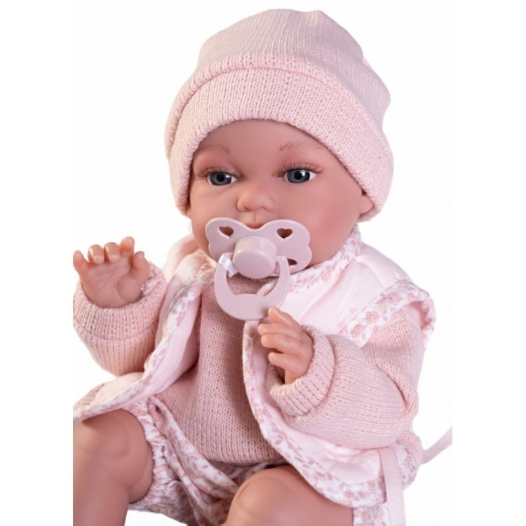 Lalka Hiszpańska 34 cm Antonio Juan 70364 Baby Toneta, bobas, elastyczny tułów, miękki brzuszek, w ciele stelaż, który pozwala na zmianę pozycji, w ubranku, smoczek, poduszka