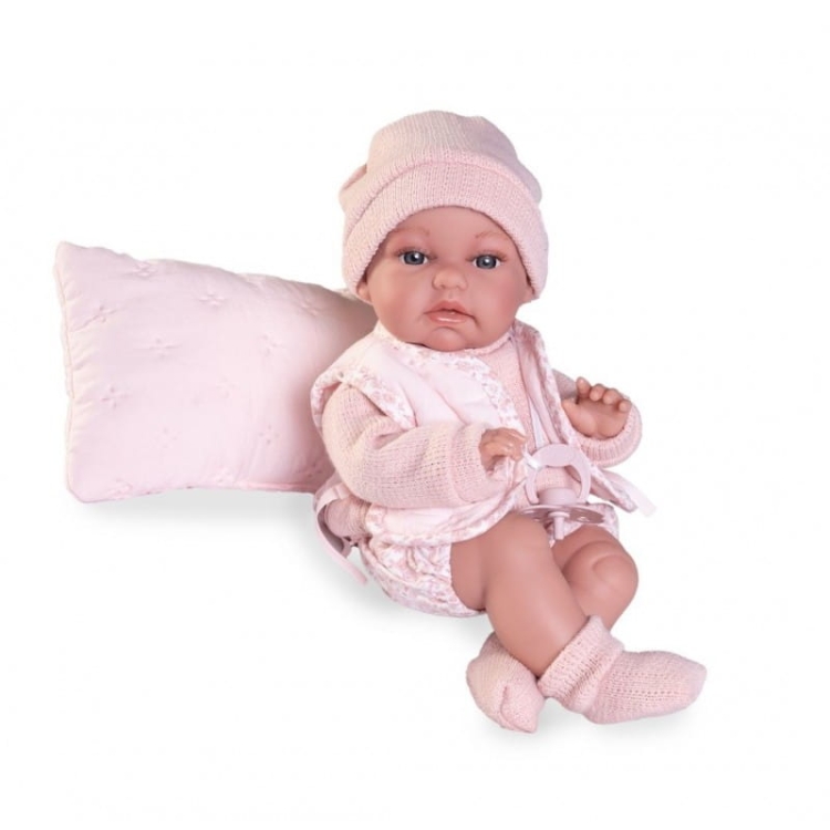 Lalka Hiszpańska 34 cm Antonio Juan 70364 Baby Toneta, bobas, elastyczny tułów, miękki brzuszek, w ciele stelaż, który pozwala na zmianę pozycji, w ubranku, smoczek, poduszka